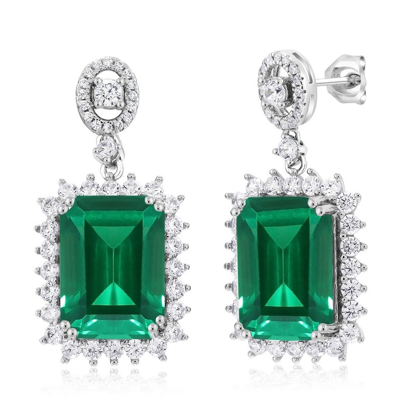 Gem Stone King Gemstone Birthstone Halo Dangle Earrings For Women | 925 Sterling Silver | Emerald Cut 14X10MM | Fine Jewelry Gifts for Her Mom Women Wife - Image 1